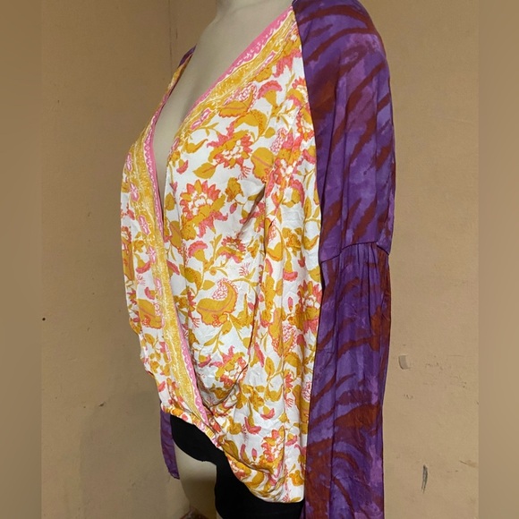 Free People Wrap Blouse in Orange and Yellow with Long Sleeves - Picture 5 of 14